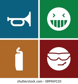 cool icons set. Set of 4 cool filled icons such as cleanser, laughing emot, cool emot in sunglasses