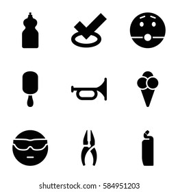 cool icons set. Set of 9 cool filled icons such as cleanser, nippers, cool emot in sunglasses, surprised emot, ice cream on stick, ice cream, trumpet