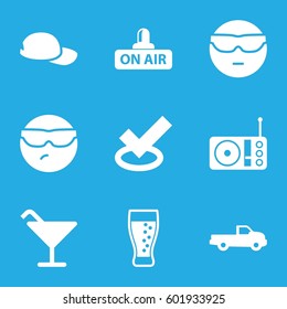 cool icons set. Set of 9 cool filled icons such as car, Cocktail, cool emot in sunglasses, open air, radio, soda, baseball cap
