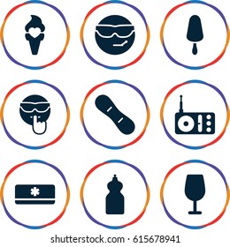 Cool icons set. set of 9 cool filled icons such as Cocktail, cleanser, ice cream on stick, ice cream, radio, air conditioner