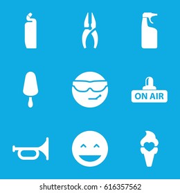 Cool icons set. set of 9 cool filled icons such as cleanser, nippers, laughing emot, cool emot in sunglasses, ice cream on stick, ice cream, open air