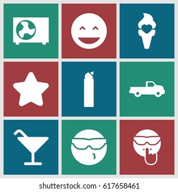 Cool icons set. set of 9 cool filled icons such as car, star, Cocktail, cleanser, laughing emot, ice cream