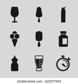 Cool icons set. set of 9 cool filled icons such as Cocktail, cleanser, ice cream on stick, medical bottle, stopwatch, ice cream