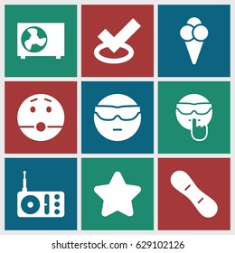 Cool icons set. set of 9 cool filled icons such as star, surprised emot, radio, ice cream, air conditioner, snow board