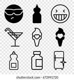 Cool icons set. set of 9 cool filled and outline icons such as cleanser, cool emot in sunglasses, ice cream, cocktail, clean fridge, medical bottle