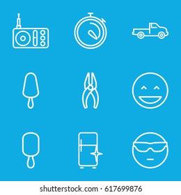 Cool icons set. set of 9 cool outline icons such as car, clean fridge, nippers, ice cream on stick, stopwatch, radio, laughing emot