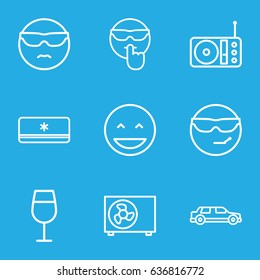 Cool icons set. set of 9 cool outline icons such as cocktail, radio, air conditioner, laughing emot