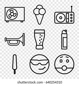 Cool icons set. set of 9 cool outline icons such as cleanser, ice cream on stick, radio, ice cream, soda, air conditioner, cool emot in sunglasses, surprised emot