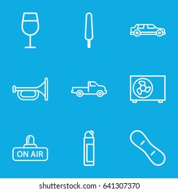 Cool icons set. set of 9 cool outline icons such as car, cocktail, cleanser, ice cream on stick, open air, air conditioner, snow board