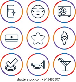 Cool icons set. set of 9 cool outline icons such as star, cocktail, clean fridge, ice cream, air conditioner, cool emot in sunglasses, tick