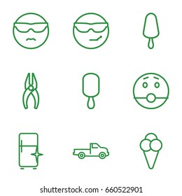 Cool icons set. set of 9 cool outline icons such as car, clean fridge, nippers, ice cream on stick, ice cream, cool emot in sunglasses