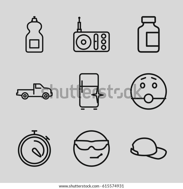 Cool icons set. set of 9 cool outline icons\
such as car, cleanser, clean fridge, medical bottle, stopwatch,\
radio, baseball cap, cool emot in\
sunglasses