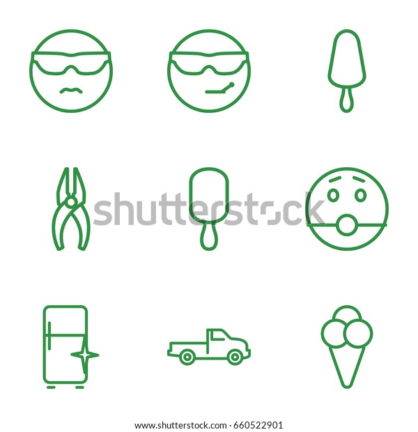 Cool icons set. set of 9 cool outline icons\
such as car, clean fridge, nippers, ice cream on stick, ice cream,\
cool emot in sunglasses