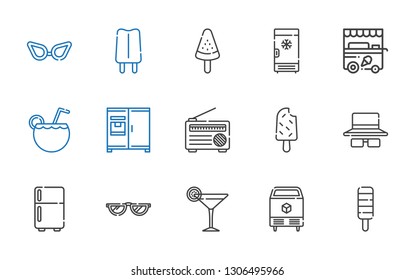 cool icons set. Collection of cool with popsicle, ice, cocktail, glasses, fridge, sunglasses, radio, ice cream cart, freezer. Editable and scalable cool icons.