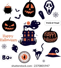 Cool icons template Happy Halloween greetings on a transparent background. Inscriptions Trick or Treat, Boo, pumpkins, witch's cauldron, witch's hat, black cat, Gothic castle, cobweb, coffin, bats.