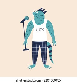 Cool Iguana singer in white T-shirt "ROCK" and plaid pants with microphone hand drawn vector illustration. Funny isolated animal character in flat style for kids alphabet. The letter "I".