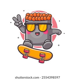 cool ikura sushi food character mascot playing skateboard isolated cartoon