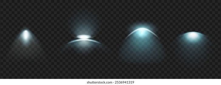 Cool illumination from sconces. Vector isolated set of realistic cold light color, home interior or scene arrangement. Dimmed lamps glowing on wall, lamplight with bright backlight beams