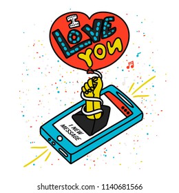 Cool illustration about love. The balloon is in the shape of a heart and the text I love you in human hand comes out of smartphone. Romantic Valentines day card. Vector