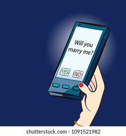 Cool illustration about love and relationships via new technologies. A phone message with question "Will you marry me?" Suitable for web or printed products. Vector.
