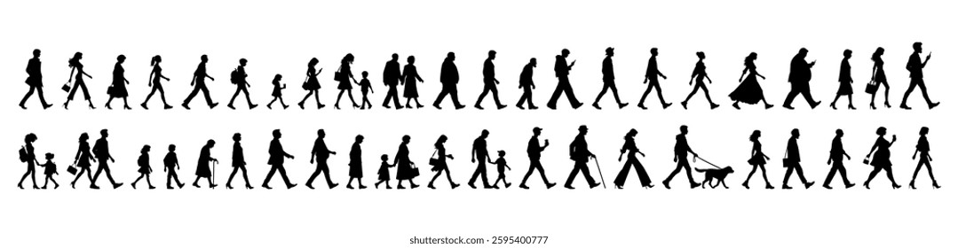 cool illustration. Black silhouette on white background. Huge set of people