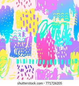 Cool illustration with colorful brush strokes, doodle, grunge texture, minimal elements. Gradient seamless pattern. Glowing background in 80s 90s pop art style. Abstract vector