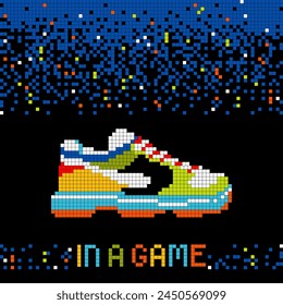 Coole Illustration mit bunten Turnschuhen für Jungen. Retro Vintage Hintergrund in Pixel Art Design. 90er Jahre Spielstil