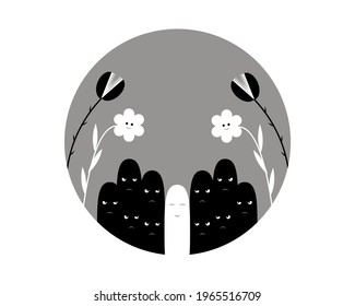 Cool illustration with cute doodles. Unusual concept. White smiling and black angry characters with kind flowers and Venus flytrap. Image isolated on white background. For stickers, pattern, wrapping,