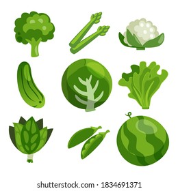 ilustración fresca de deliciosas frutas maduras y verduras de color verde. Broccoli, espárragos, flor de colilo, pepino, col, lechuga, hoja de laurel, guisante, sandía