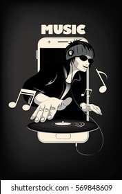 Cool Illustration of DJ scratching a record on the turntable coming out from Smart Phone. Vector Illustration