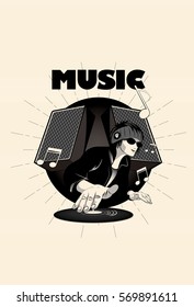 Cool Illustration of DJ spinning on turntables - vector illustration