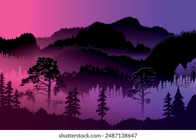 cool illustration of mountain, forest, blue pinkcolor dark