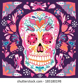 Cool illustration with Skull and floral ornament in bright colors. Fashion skull.