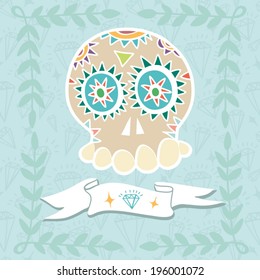 Cool illustration with Skull and floral ornament in bright colors. Fashion skull.