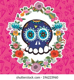 Cool illustration with Skull and floral ornament in bright colors. Fashion skull.