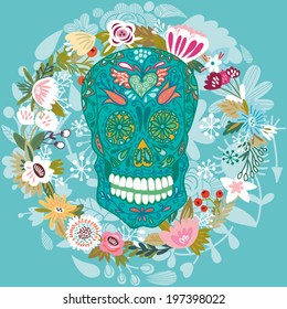 Cool illustration with Skull and floral ornament in bright colors. Fashion skull.