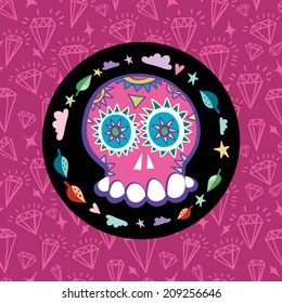 Cool illustration with Skull and floral ornament in bright colors. Fashion skull.