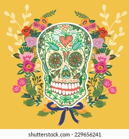 Cool illustration of Skull and floral ornament in bright colors. Fashion skull.