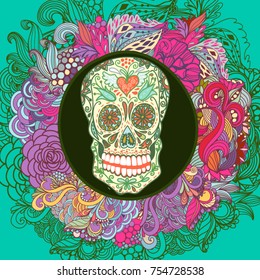 Cool illustration with Skull and floral ornament in bright colors. Fashion sugar skull.