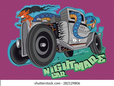 Cool illustration of a snake driving hot rod comic car