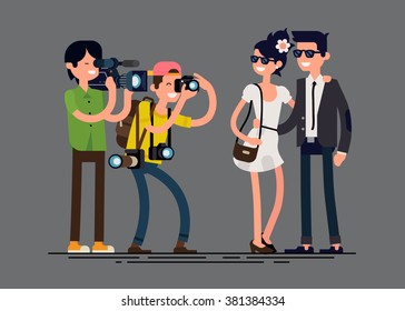 Cool illustration of young couple being filmed and photographed by cameraman and photographer, vector. Photographer and videographer professionals at work with man and woman models