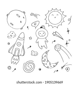 Cool illustrations in the style of doodle in space. Stardust, flying astronaut, the rocket flies very fast