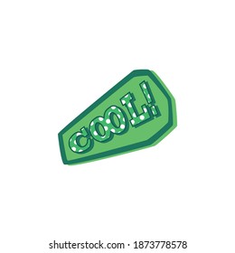 Cool - inscription on green badge field in retro comic pop art style, cartoon vector illustration isolated on white background. Speech bubble or emotions expression.