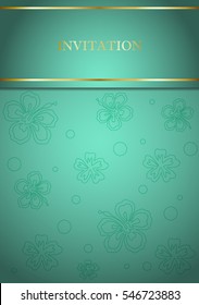 cool invitation card, template with light green color and golden borders, textured with flower patterns for any occasion  