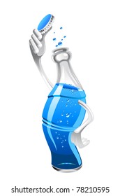 Cool Inviting Bottle Of Water Or Soda With A Seductive Bend Lifting Off Its Cap In Greeting To Allow Effervescent Bubbles To Escape, Cartoon Illustration Isolated On White. Jpeg Version Also Available