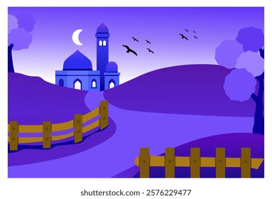 Cool Islamic themed landscape background illustration image with mosque, fence, crescent moon, trees and flying birds objects under clear night sky, perfect for Ramadan themed background.