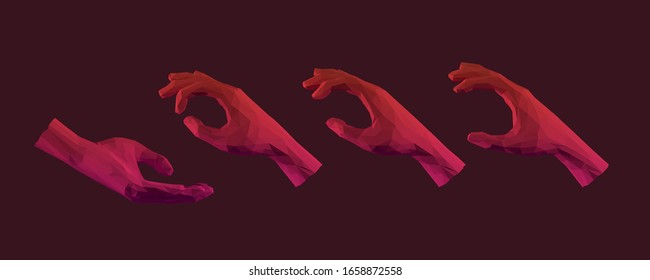 Cool Isolated Hand. Set of Gradient Holding and Giving Hands on Dark Background. Low Poly Vector 3D Rendering