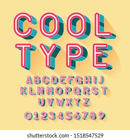 Cool isometric font vector illustration. Set of unique decorative pink 3D type, capital calligraphic alphabet letters and numbers with shadow isolated on background. Latin type modern or retro design