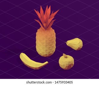 Cool Isometric Fruit. Set of Gradient Fruits on Dark Background. Low Poly Vector 3D Rendering