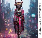 Cool Japanese Geisha Half Skull Face Cyberpunk Urban Scene Illustration